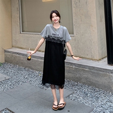 现货高级感懒拥风宽松蕾丝拼接T恤连衣裙2951P110K168，女装连衣裙，2C029
