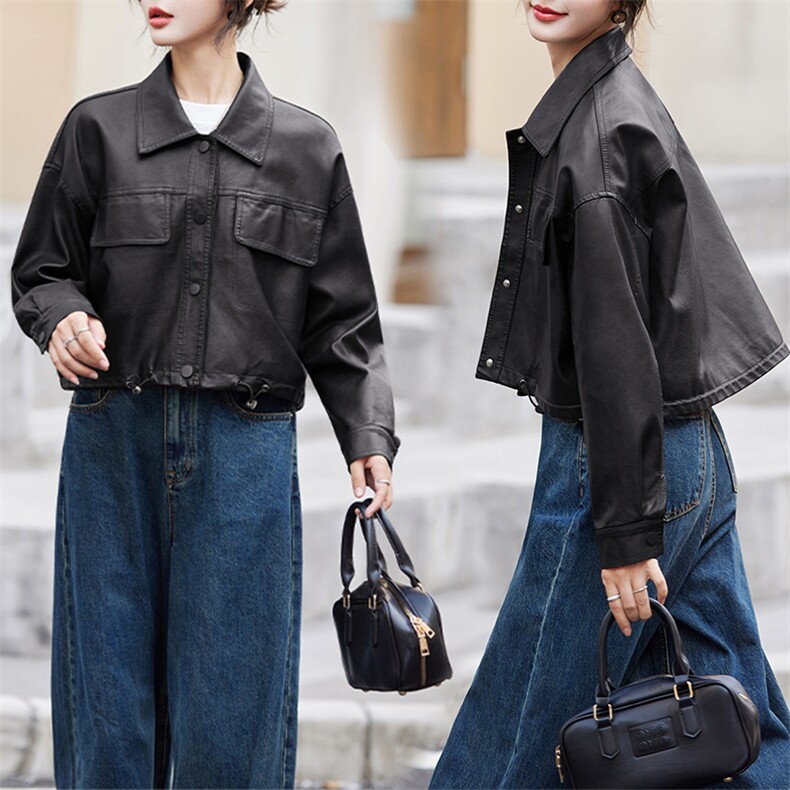 短款皮衣外套女2024秋季新款宽松休闲美式复古美拉德机车夹克上衣,女装皮衣,潮流依族
