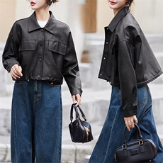 短款皮衣外套女2024秋季新款宽松休闲美式复古美拉德机车夹克上衣，女装皮衣，潮流依族
