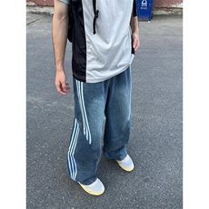 大码复古辣妹条纹牛仔裤设计感宽松显瘦弯刀休闲阔腿裤NZG206，男装牛仔裤，星座516A