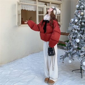 现货新款圣诞双旦新年主推款配环保毛领木耳边羽绒服图片