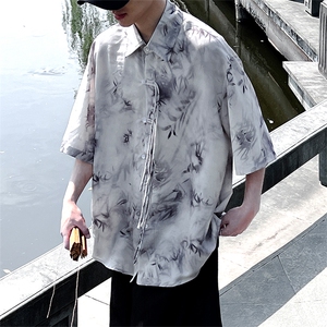 现货新中式复古衬衫短袖风竹叶水墨画印花大码CS33-P65-控88图片