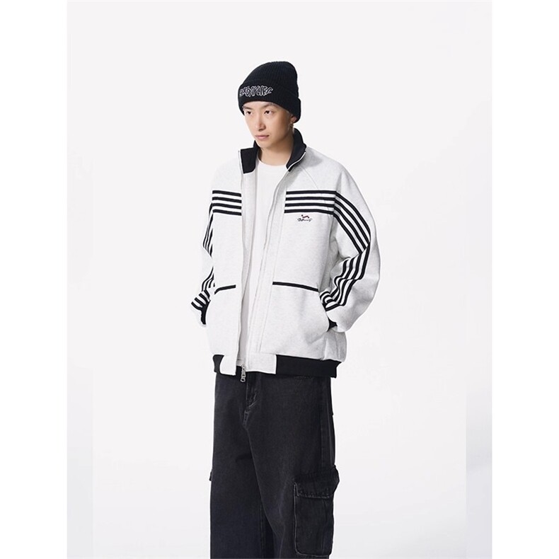港风秋款男立领卫衣拉链开衫条纹刺绣撞色宽松外套wy028P65,女装短外套,星座1013-1