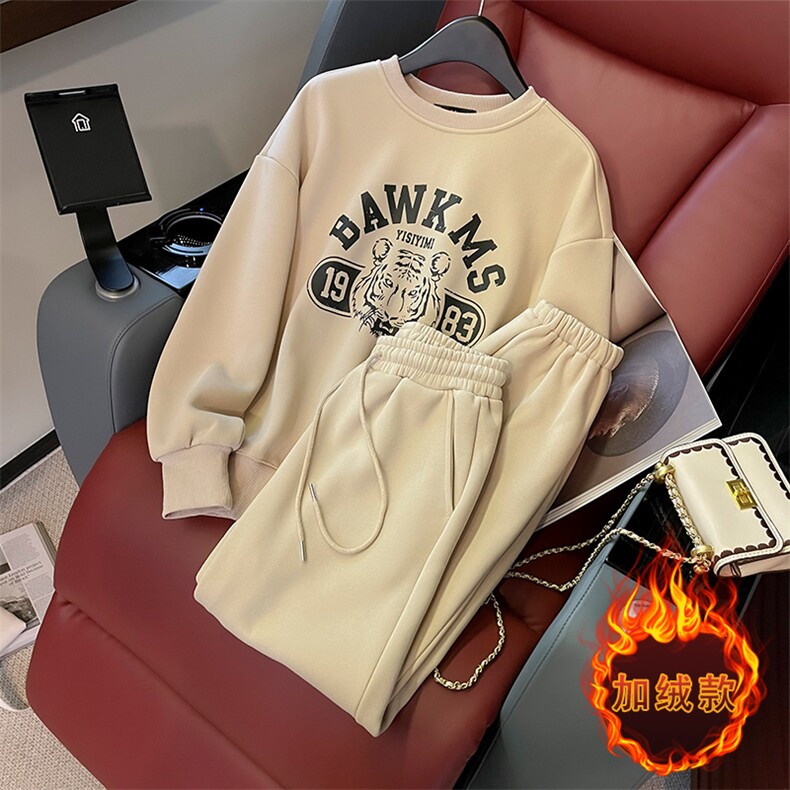 欧货时尚加绒加厚女秋冬印花连帽卫衣卫裤套装图片