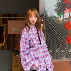 格子衬衫女上衣外套小众长袖蓝色衬衫扎染水洗宽松CJ04，男装衬衫，星座1116A-1（原606A）