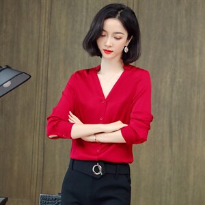 红色重磅真丝衬衫女长袖2025春装西装领职场气质缎面桑蚕丝上衣图片