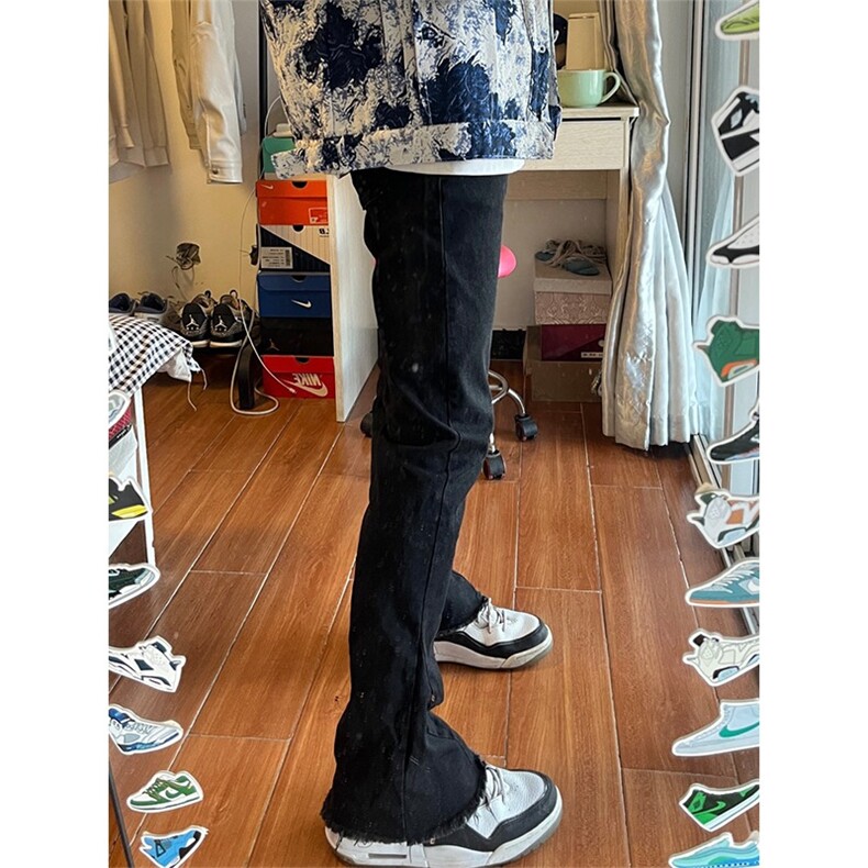 黑色毛边微喇叭牛仔裤男美式高街裤子显瘦修身直筒裤L20388-P35,男装牛仔裤,星座1008