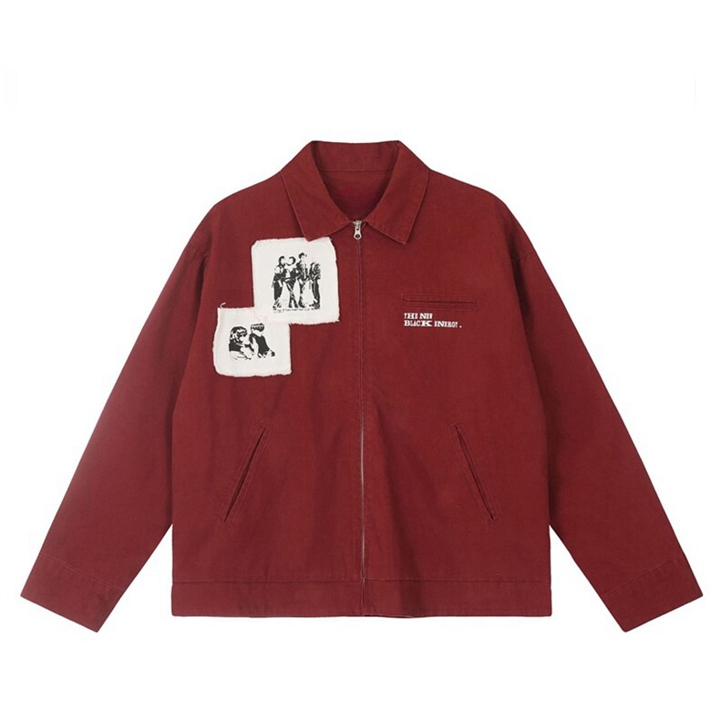 美式复古潮牌贴布红色春秋底特律工装夹克衫欧美高街hiphop外套,男装夹克,星座505-2（原电商A260-1)