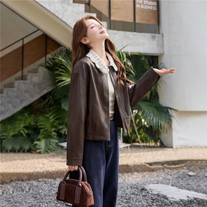 【春季女装新款】2026时尚洋气韩版花边翻领宽松短款拉链皮衣外套图片