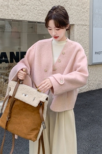 高级感粉色短款围巾领双面羊绒大衣女秋冬2024新款小众毛呢厚外套图片