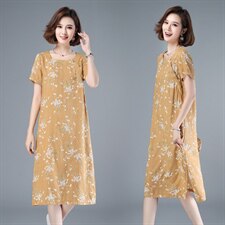 2021年夏季中长款通勤A字裙旗袍妈妈装连衣裙印花圆领套头裙子，女装连衣裙，伊满意