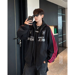 港风秋款男立领卫衣字母图案印花三条杠条纹休闲外套WY073 P50图片