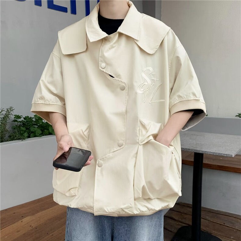 红色不规则工装短袖衬衫男夏季美式飞行衬衣vintage外套S1275-P50,男装T恤,星座1008-1