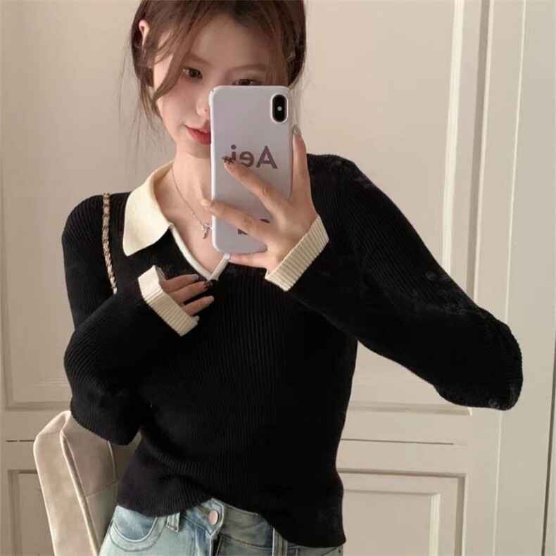 新款v领纯色针织套头上衣女,针织衫/毛衣,锦瑟羊绒