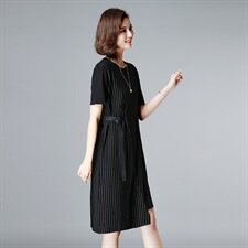 条纹短袖时尚休闲优雅2021年夏季中长款可收束腰连衣裙女，女装连衣裙，涵誉