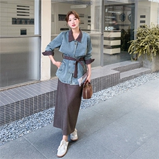 现货2D078-T1957-P195K278灯芯绒拼接牛仔上衣+半裙2件套，女装套装/套裙，2D078