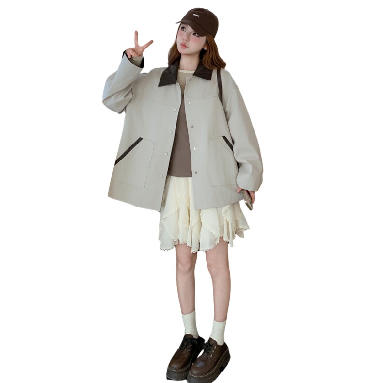 撞色翻领风衣外套女春秋2025新款学院风减龄宽松小个子大衣高级感,女装风衣,2C218
