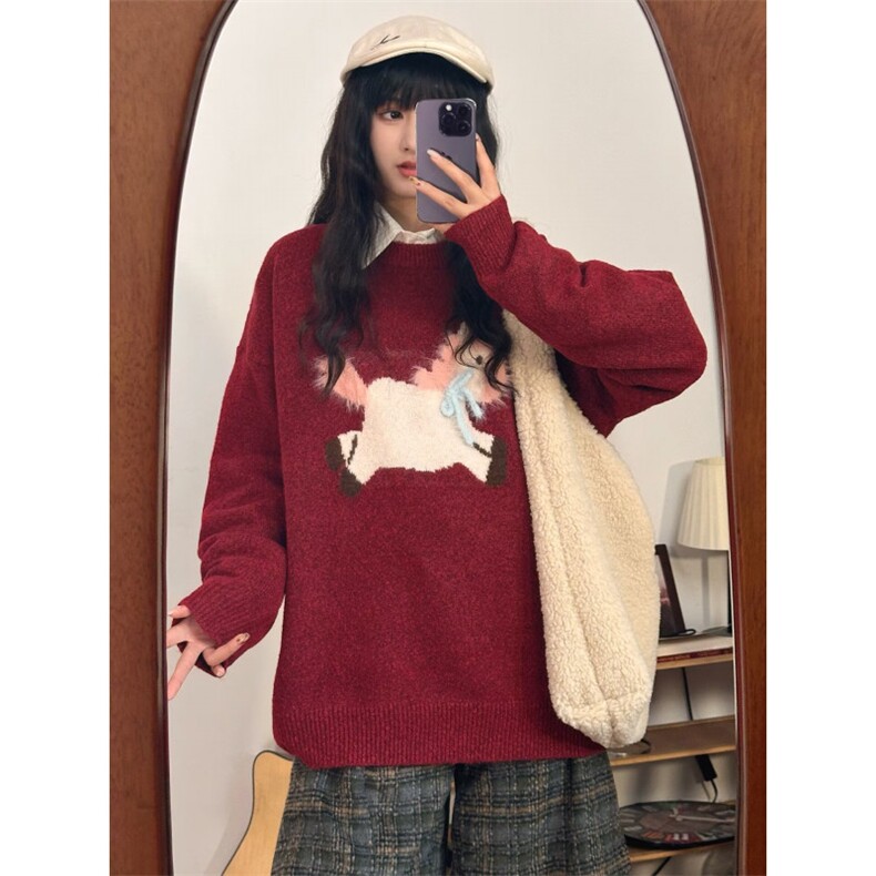 红色毛衣女款2025秋冬慵懒风美式宽松圆领针织衫情侣毛衣,男装针织衫/毛衣,星座506A