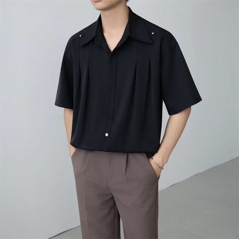小伙立领纯色衬衫男休闲宽松风刺绣衬衣轻熟风A236-82573-P55,男装衬衫,电商A236