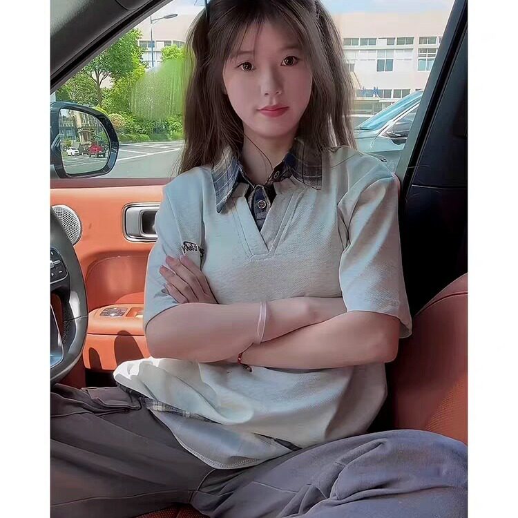 网图假两件衬衫领短袖男女美式复古格子学院风情侣上衣YY811-P35，男装T恤，电商C216