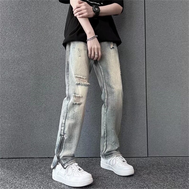 破洞乞丐牛仔裤男小众设计感欧美高街vibe潮牌ins拉链裤N8082-p45,男装牛仔裤,星座1008