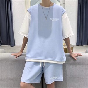 2022华夫格假两件短袖套装男薄款潮流半袖短裤T恤一套 T1151-P45图片
