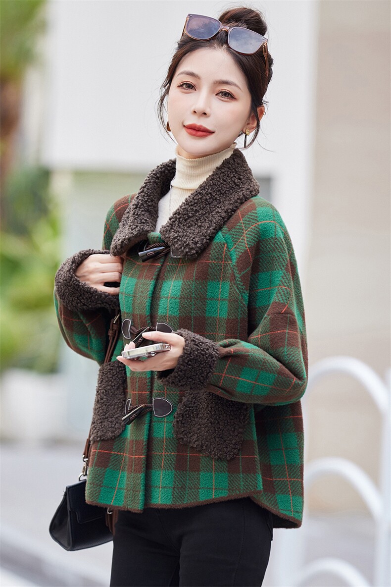 加绒加厚格子毛呢外套女短款2025秋冬小个子中年妈妈毛领呢子大衣,女装毛呢外套,欣美人