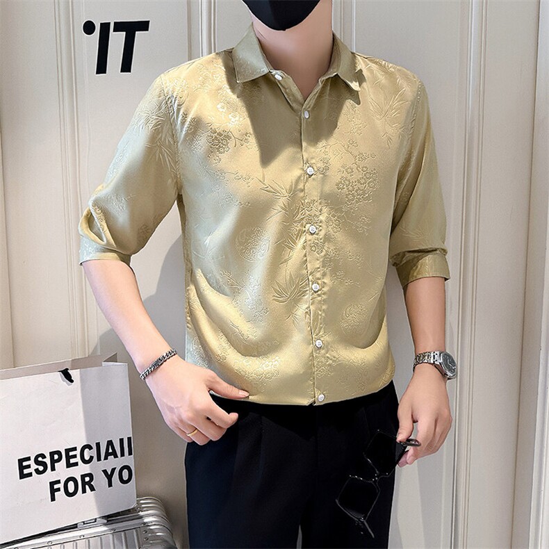 店主风社会小伙男士暗花七分袖衬衫男夏季衬衣301A-1/CS586/P55,男装衬衫,星座301A-1