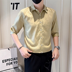 店主风社会小伙男士暗花七分袖衬衫男夏季衬衣301A-1/CS586/P55，男装衬衫，星座301A-1