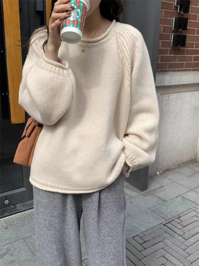 卷边圆领100%纯羊毛衫女加厚宽松慵懒风针织毛衣百搭羊绒打底上衣,女装羊毛衫,恒恩羊绒