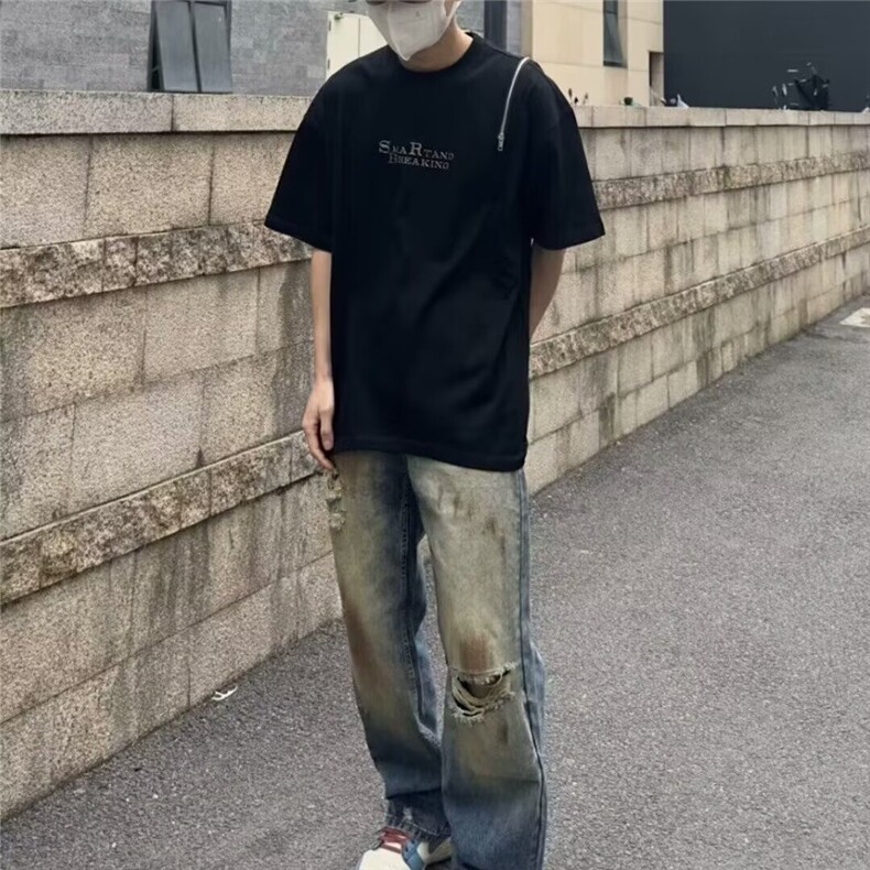 美式复古高街黄泥染破洞宽松休闲牛仔裤男做旧直筒长裤男,男装牛仔裤,星座506A