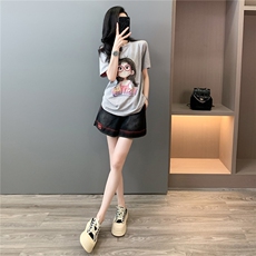 女夏季新款韩版运动休闲套装圆领卡通印花短袖宽松牛仔短裤两件套，女装套装/套裙，江南