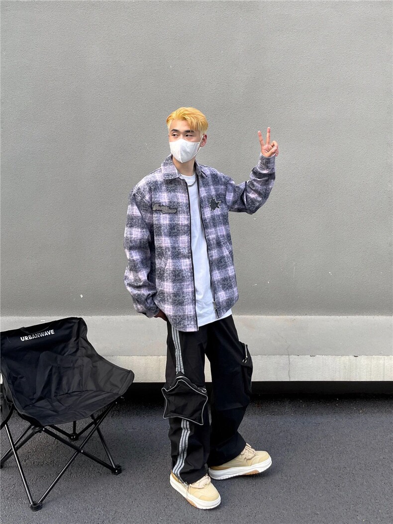 现货！格子拉链衬衫痞帅高级设计感小众RW9284-P80,男装衬衫,星座1005-6