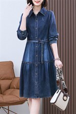 2023春装新款时尚气质翻领收腰显瘦休闲舒适牛仔连衣裙，女装连衣裙，丽影随形