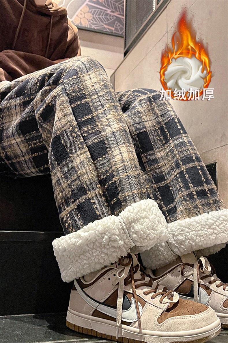 现货DSA059-ZK7943-P60加绒P70呢料加绒加厚格子阔腿直筒裤,男装休闲裤,电商A059
