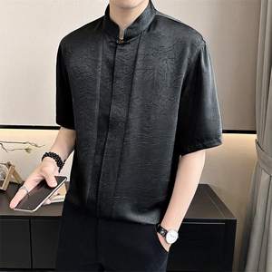 店主风~新中式夏季垂感冰丝压花中袖衬衫 C248/P55图片