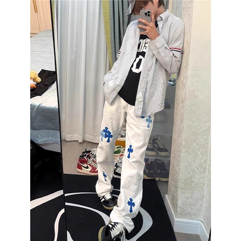 白色十字架印花牛仔裤男女款潮牌痞帅炸街裤子,男装牛仔裤,星座410-6（原星座1304-1）