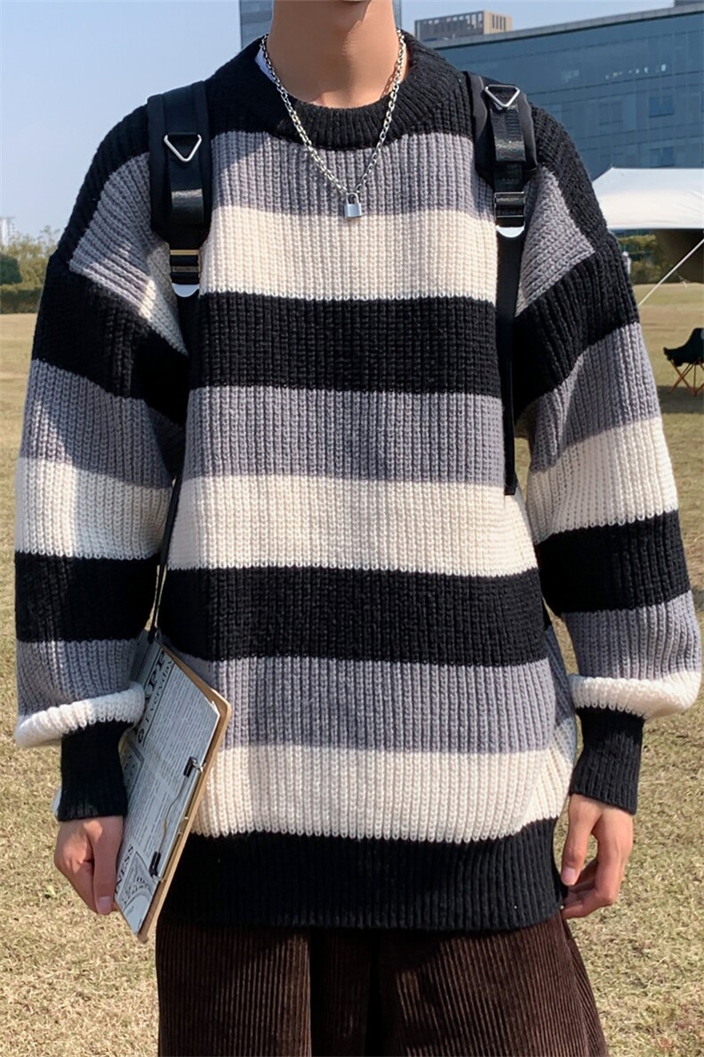 条纹拼色毛衣男秋冬ins潮宽松打底复古圆领情侣针织衫M323-P34,男装针织衫/毛衣,星座512-4