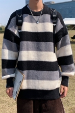 条纹拼色毛衣男秋冬ins潮宽松打底复古圆领情侣针织衫M323-P34，男装针织衫/毛衣，星座512-4