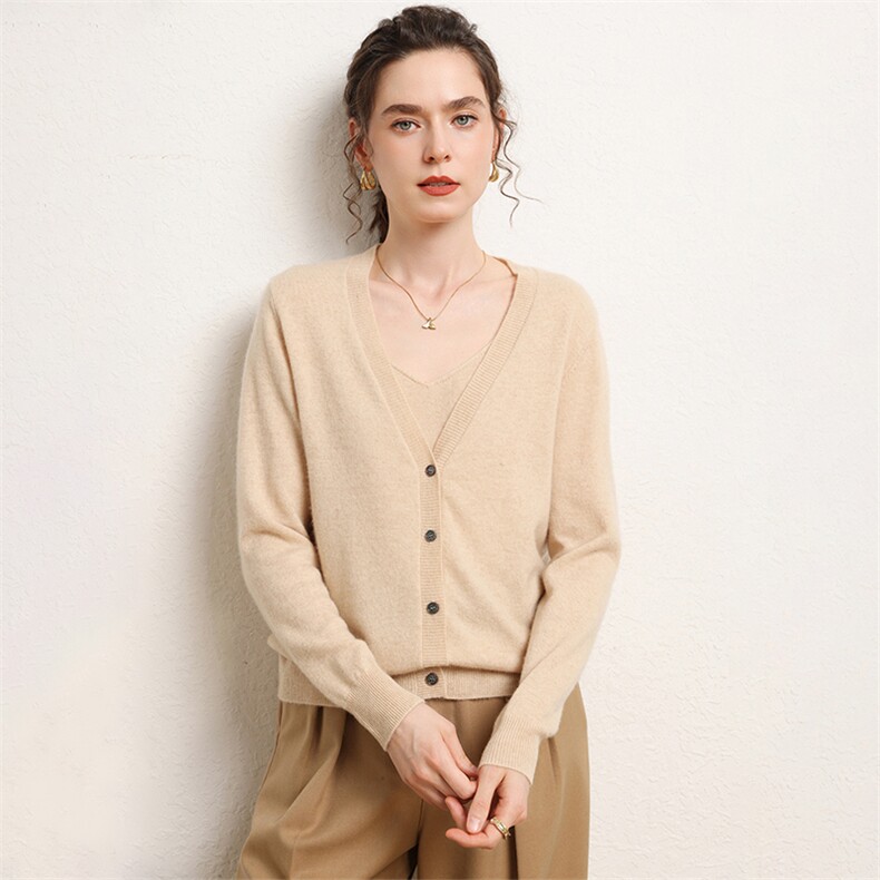 优雅气质V领女士羊绒开衫30%羊绒柔软舒适百搭显瘦长袖针织衫，女装羊绒衫，绒源之鑫