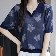 高级感莱赛尔针织POLO领提花短袖T恤女2025夏薄透气减龄小衫上衣，女装针织衫/毛衣，唐诺