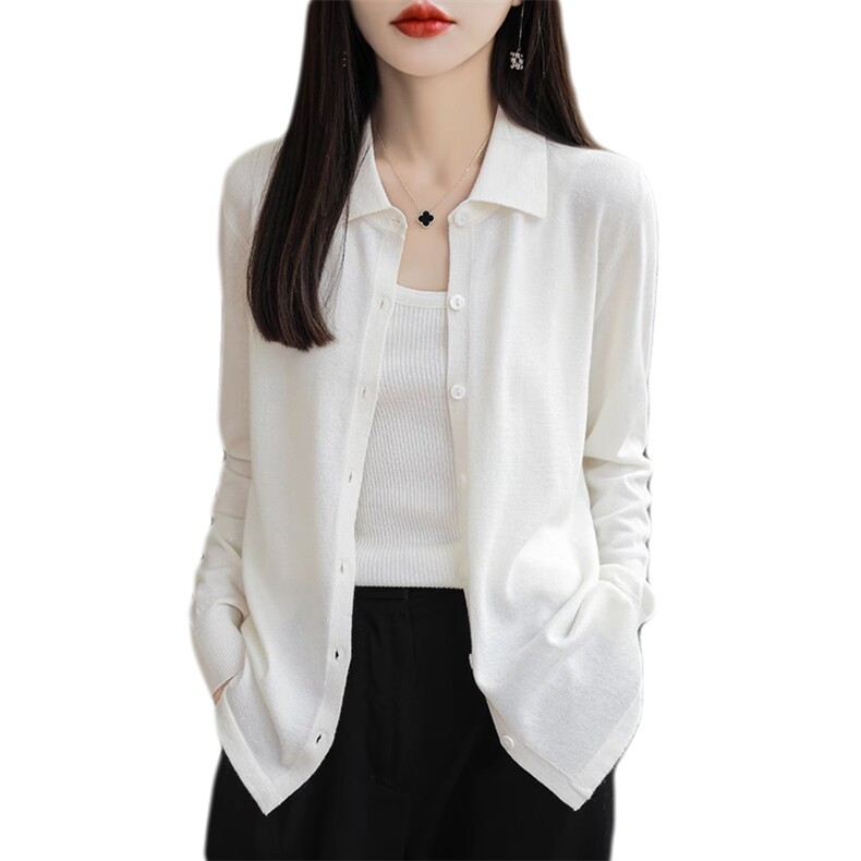 春秋POLO领开衫女亮丝宽松长袖外搭针织衬衣领气质上衣精纺羊毛衫,女装羊毛衫,朝思羊绒