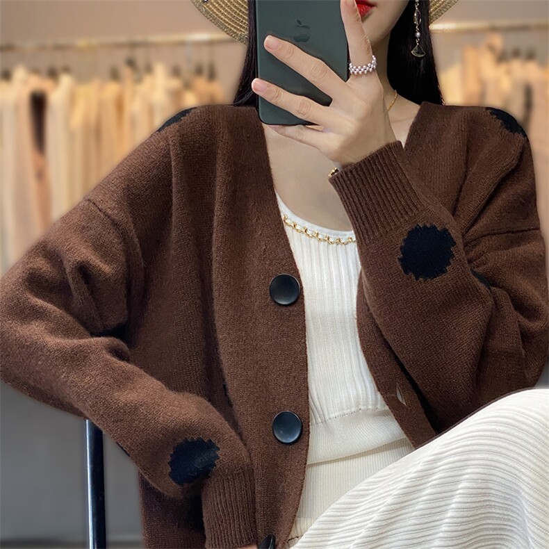 秋冬新款100羊毛开衫女V领加厚波点针织外套宽松休闲外搭上衣,女装羊毛衫,唯若美羊绒