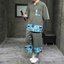 2021夏新拼接亚麻休闲大码boy口袋装饰黑洞风短袖套装TZ003-P70，男装套装，电商A082
