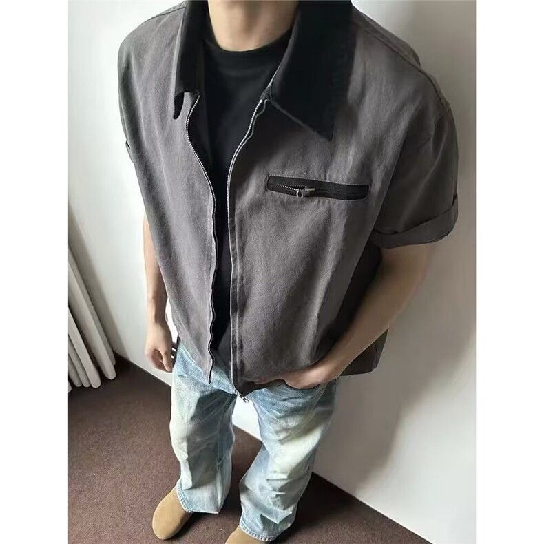 美式复古卡哈特工装正肩短袖衬衫外套男夏季简约高级衬衣夹克,男装T恤,星座506A
