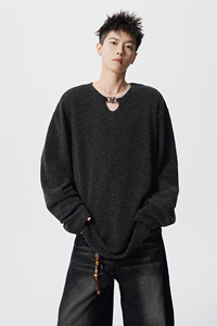 禁欲系锁链套头打底衫休闲宽松百搭坑条T恤男情侣装 CX3003P58图片