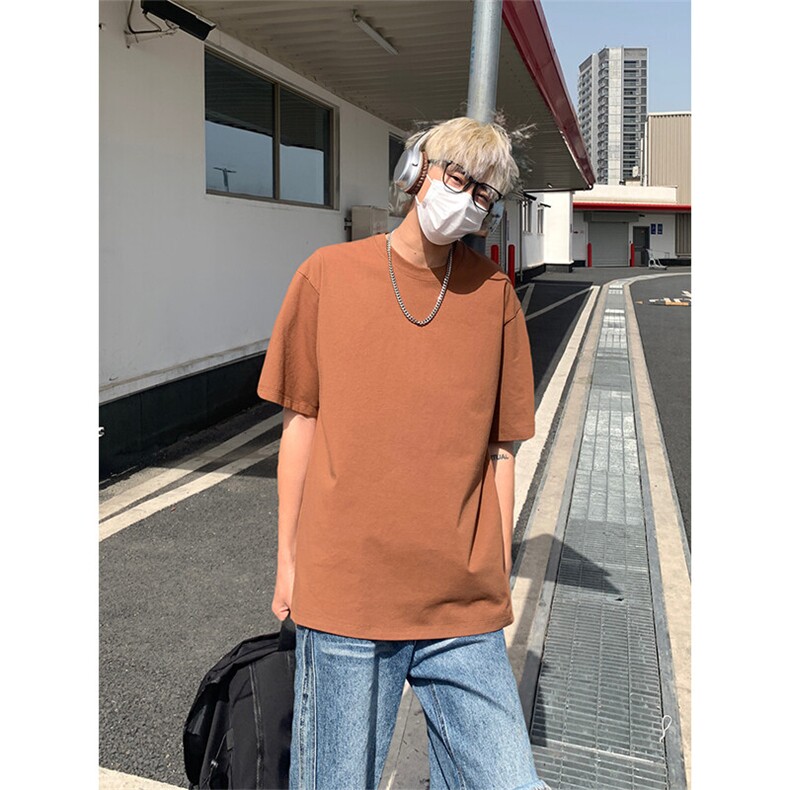 美式高街短袖t恤男生夏季薄款基础款情侣潮牌宽松大码五分袖上衣,男装T恤,电商A007