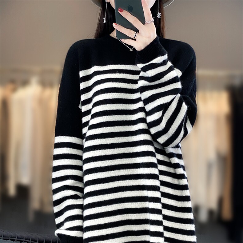 黑白条纹秋冬简约时尚新款长袖圆领羊毛连衣裙,女装羊毛衫,宋氏羊绒