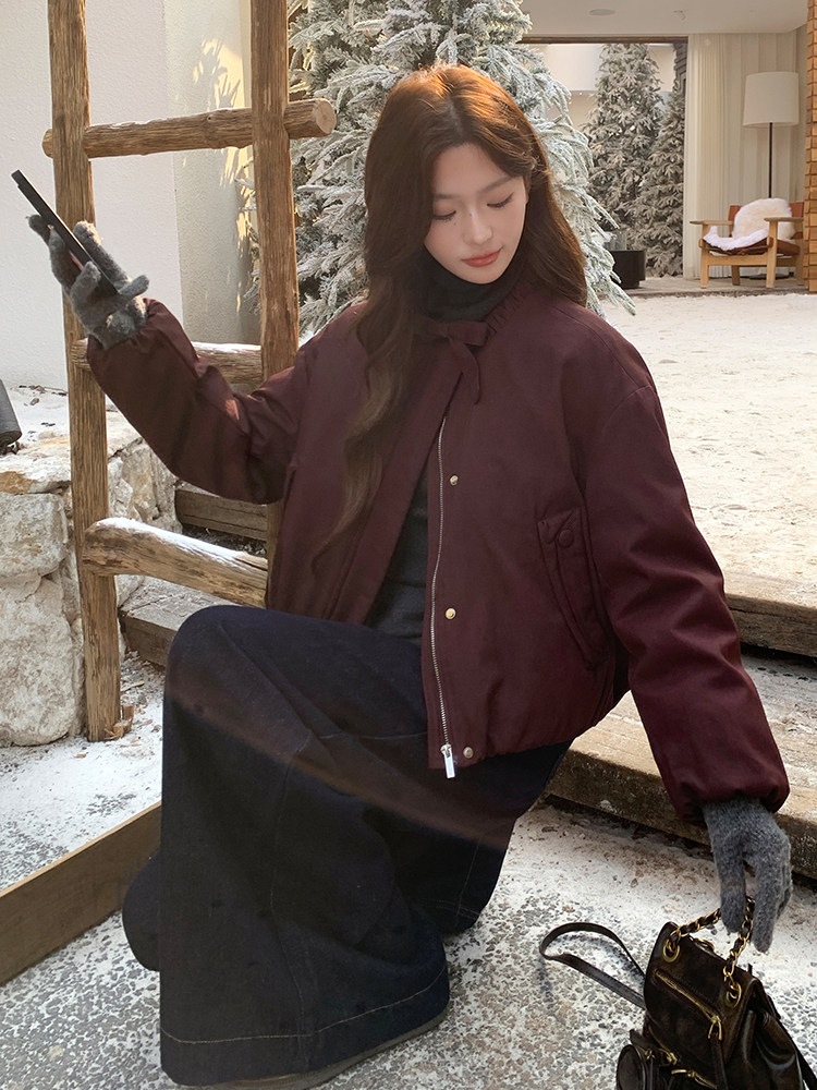 纯色圆领飘带短款休闲宽松羽绒服女保暖外套,女装羽绒服,衣秀之家