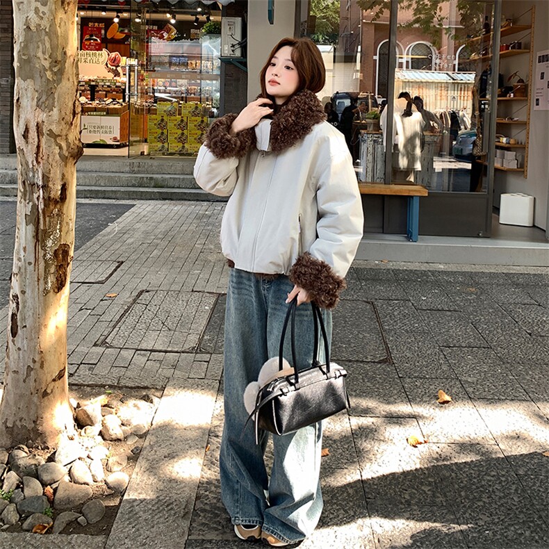 新款美式复古派克服加厚短款皮毛一体p225-k328,女装派克服,2D075